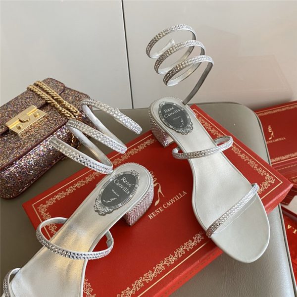 Rene Caovilla Satin Snake-coil Sandals Silver - Image 9