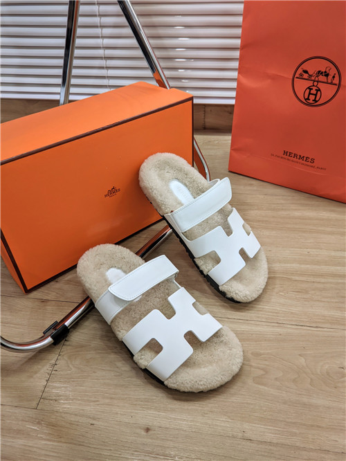 hermes lamb wool flat slippers