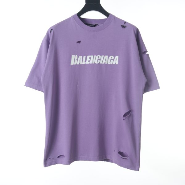 Balenciaga BLCG Letter Print Ripped Short Sleeve T-Shirt