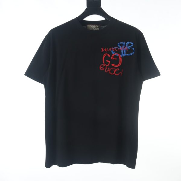 Gucci & Balenciaga joint blue and red embroidered letters short-sleeved T-shirt black