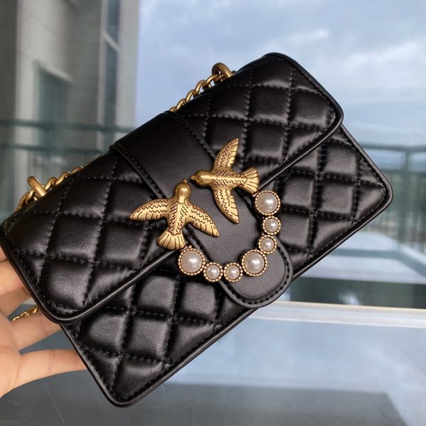 Pinko 2022 New Rhombus Pattern Underarm Bag Bird Bag Swallow Bag 1P22Z1Y7SR Black - Image 6