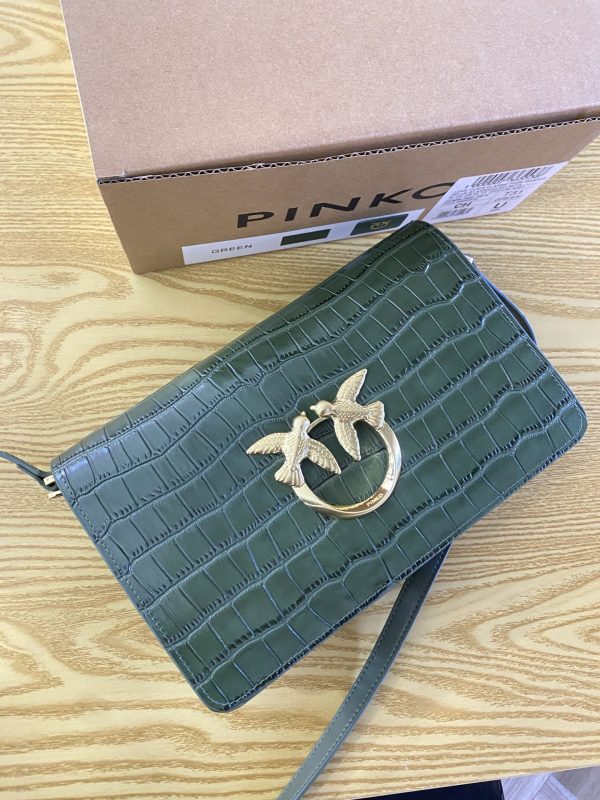 2023 New Pinko Swallow Bag Product High Crocodile Pattern Fashion Women’s Bag One Shoulder Messenger Women’s Bag Retro Green - Image 3