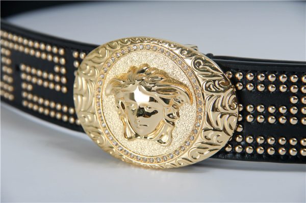 Versace Gold Medusa Belt Embellished Black Leather With Rivet - Image 3