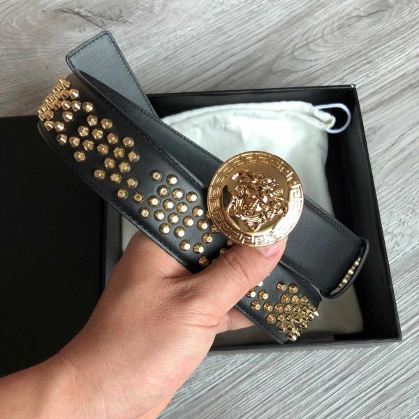 Versace Medusa Logo Buckle Studded Belt In Golden Buckle