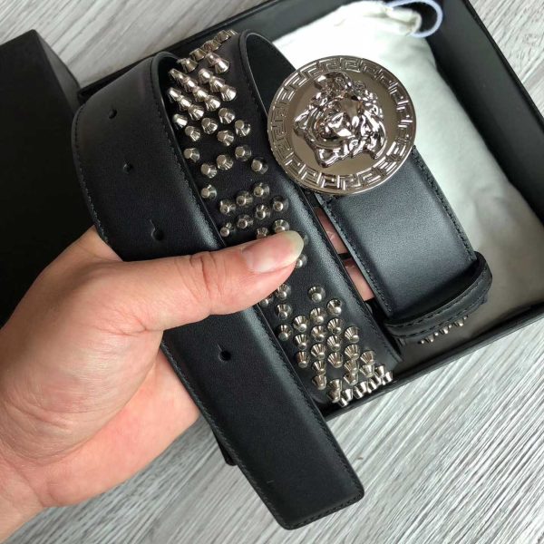 Versace Medusa Logo Buckle Studded Belt In Silver Buckle