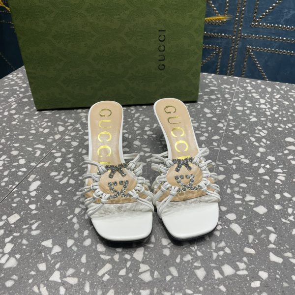 Gucci’s new summer crystal-embellished hand-woven sandals white