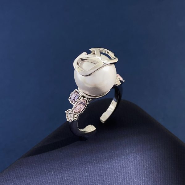Valentino resin pearl curved chevron logo set with coloured rhinestones off-archer open-cut ring