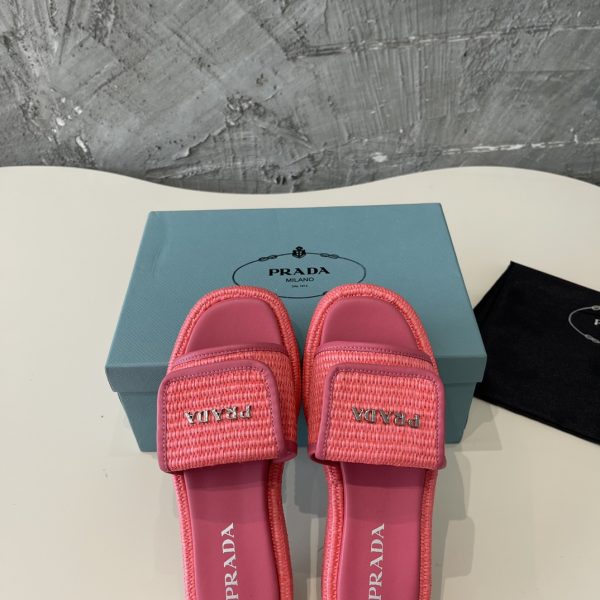 Prada 2024 popular straw series of must-have slippers Red - Image 4