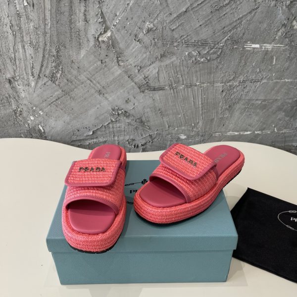 Prada 2024 popular straw series of must-have slippers Red - Image 5