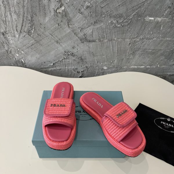 Prada 2024 popular straw series of must-have slippers Red - Image 6