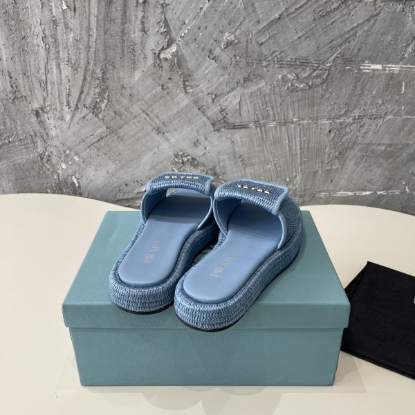 Prada 2024 popular straw series of must-have slippers Blue - Image 3