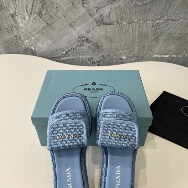 Prada 2024 popular straw series of must-have slippers Blue - Image 4