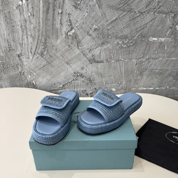 Prada 2024 popular straw series of must-have slippers Blue - Image 5