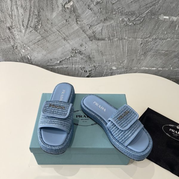 Prada 2024 popular straw series of must-have slippers Blue - Image 6