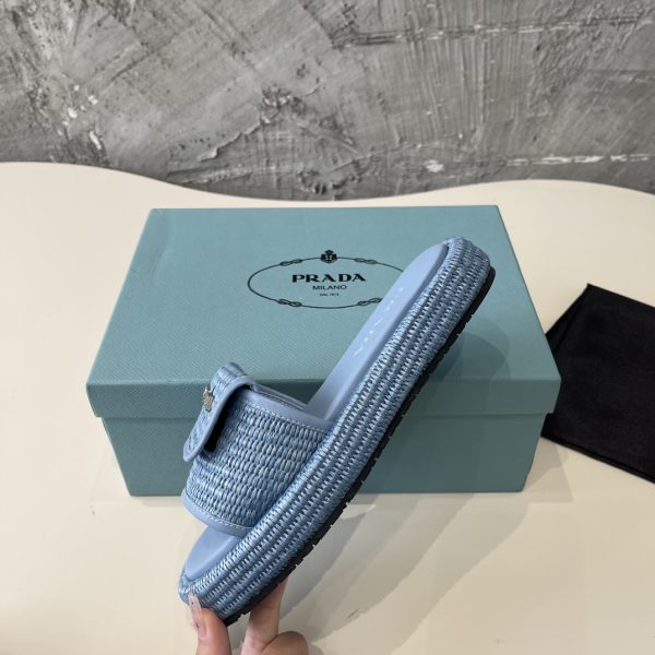 Prada 2024 popular straw series of must-have slippers Blue - Image 8